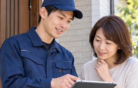 タブレットで作業内容と料金を説明するスタッフ