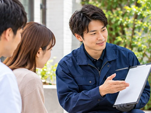 作業内容と料金を説明するスタッフ