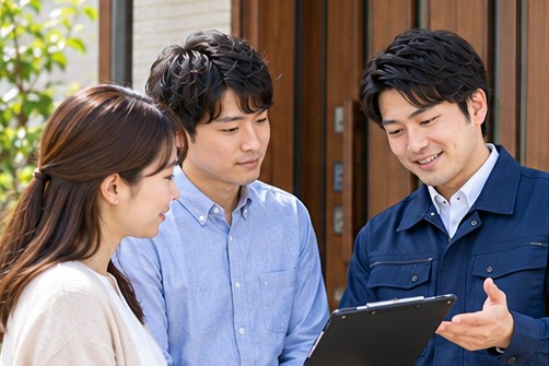 玄関先でお客様に訪問日程を案内するスタッフ